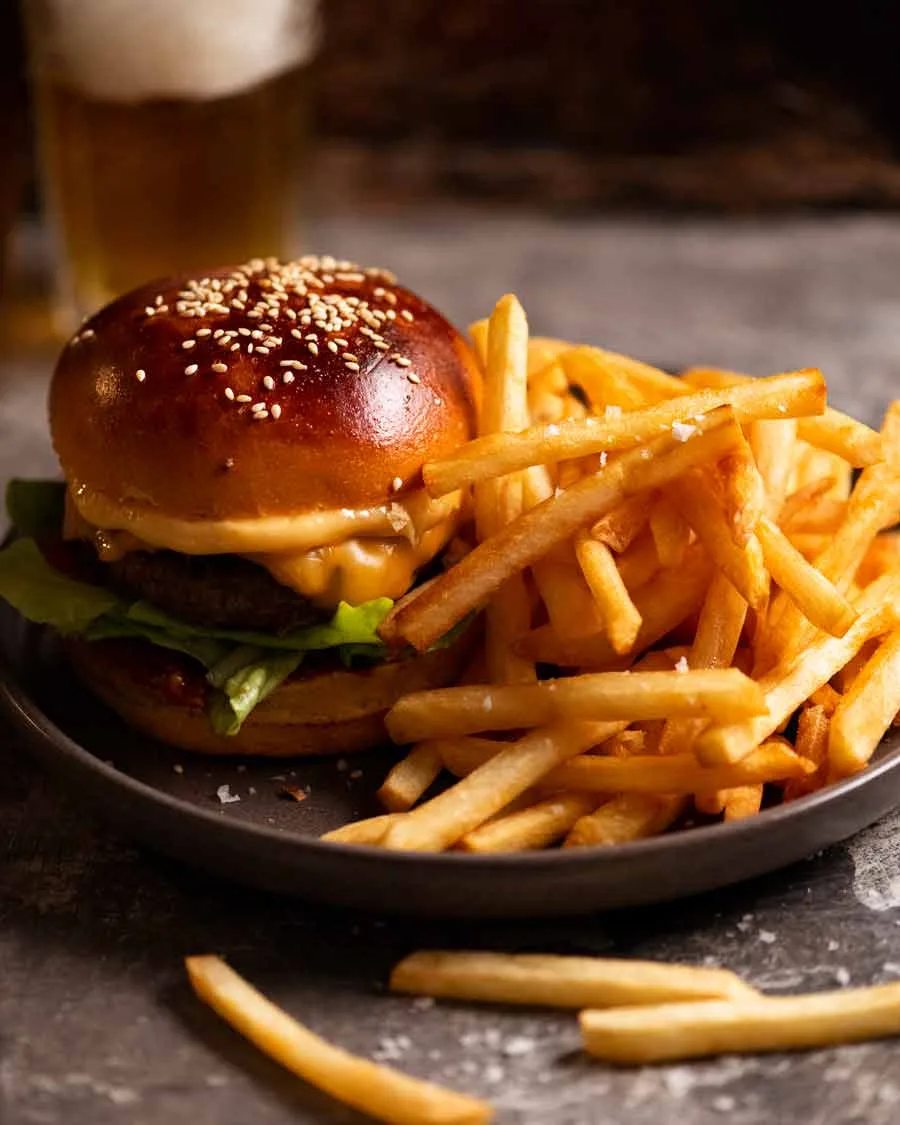 Burger and chips meal